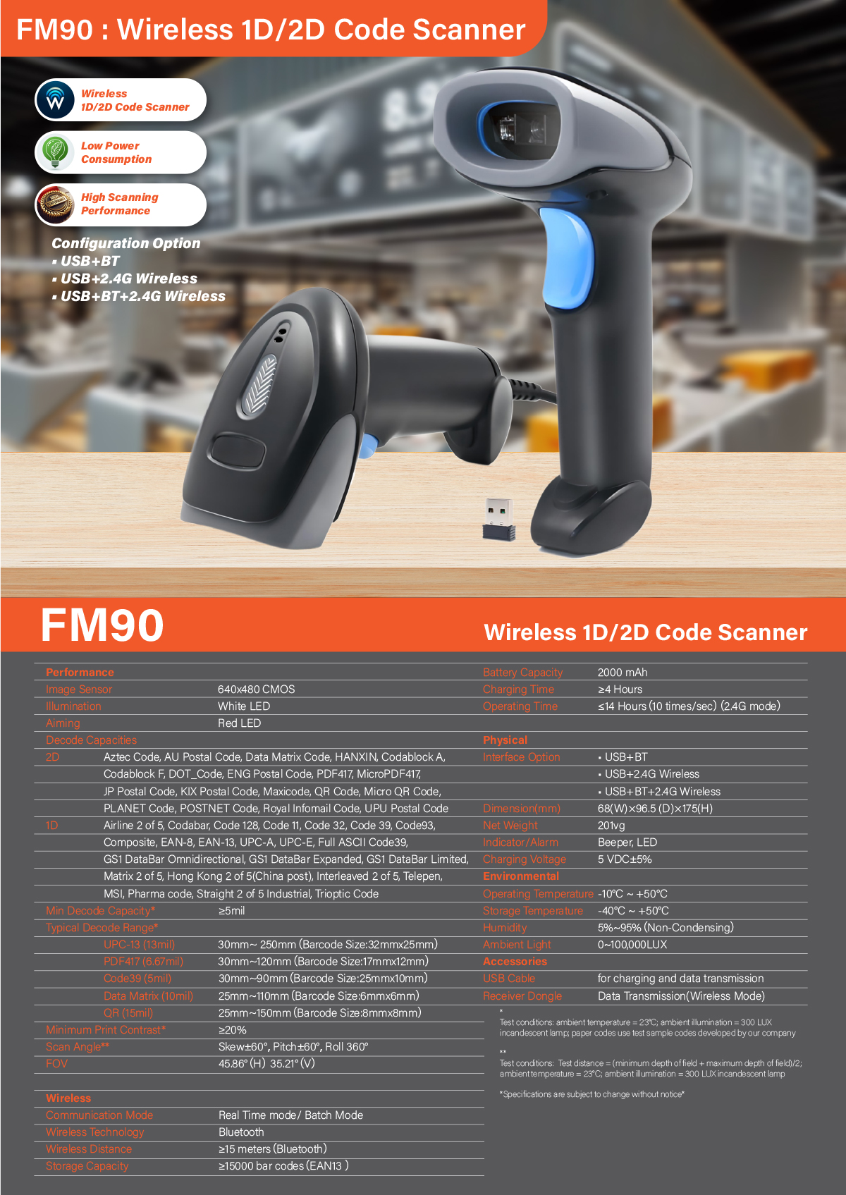 FM90 Wireless 1D&2D Code Scanner